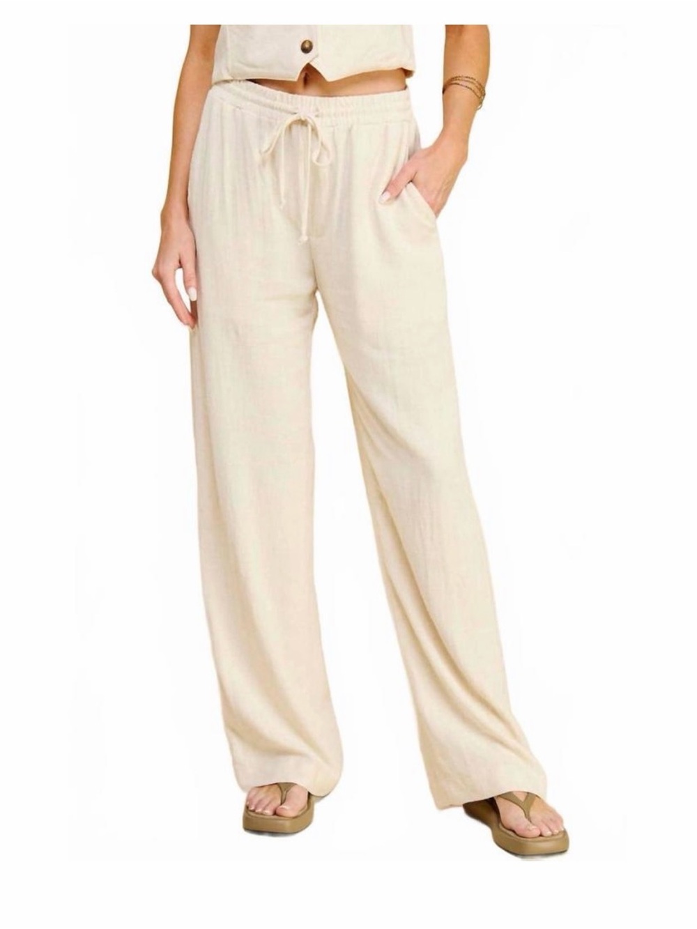 If She Loves Evergreen Linen Pant in Oatmeal With Pockets Size Medium